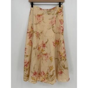 Chaps Linen Cotton Blend Floral Midi Skirt Size 14 Cottagecore Prairie Natural